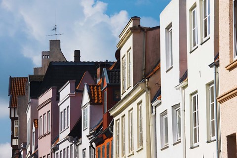 Framed Low angle view of old town buildings, Fleischhauer Strasse, Lubeck, Schleswig-Holstein, Germany Print