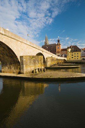 Framed Bridge across the river, Steinerne Bridge, Danube River, Regensburg, Bavaria, Germany Print