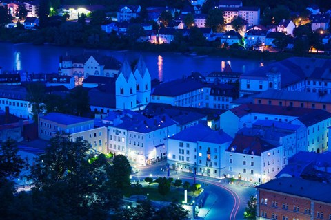 Framed High angle view of old town buildings at night, Passau, Bavaria, Germany Print