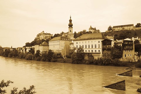 Framed Medieval town at the waterfront, Salzach River, Burghausen, Bavaria, Germany Print