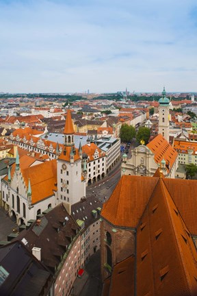 Framed High angle view of buildings and a church in a city, Heiliggeistkirche, Old Town Hall, Munich, Bavaria, Germany Print