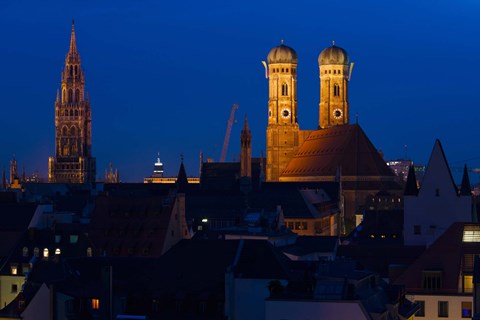 Framed Town hall with a church at night, Munich Cathedral, New Town Hall, Munich, Bavaria, Germany Print