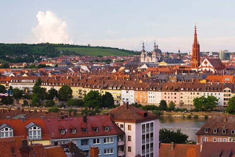 Framed High angle view of buildings along a river, Main River, Wurzburg, Lower Franconia, Bavaria, Germany Print