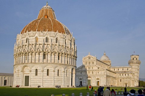 Framed Tourists at baptistery with cathedral, Pisa Cathedral, Pisa Baptistry, Piazza Dei Miracoli, Pisa, Tuscany, Italy Print