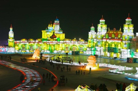 Framed Tourists at the Harbin International Ice and Snow Sculpture Festival, Harbin, Heilungkiang Province, China Print