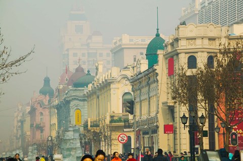 Framed Shoppers along a central street, Zhongyang Dajie, Daoliqu Russian Heritage Area, Harbin, Heilungkiang Province, China Print