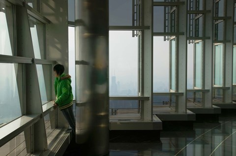 Framed Person viewing a city from observation point in a tower, Jin Mao Tower, Lujiazui, Pudong, Shanghai, China Print