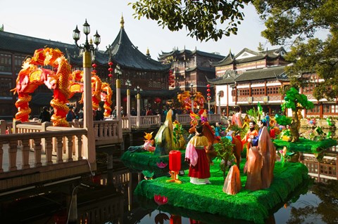 Framed Garden decorations by Mid-Lake Pavilion Teahouse, Yu Yuan Gardens, Shanghai, China Print