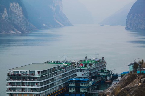 Framed Yangtze River Cruise Ships at anchor, Yangtze River, Yichang, Hubei Province, China Print