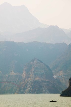 Framed Boat in the river with foggy mountains in the background, Xiling Gorge, Yangtze River, Hubei Province, China Print