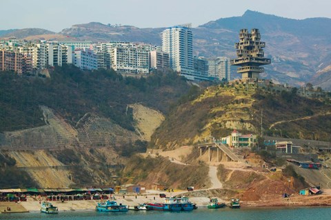 Framed Boats at the port with a newly built town on Yangtze River, Wanzhou, Chongqing Province, China Print