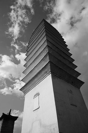 Framed Low angle view of Qianxun Pagoda, Three Pagodas, Old Tow, Dali, Yunnan Province, China (Black and White) Print
