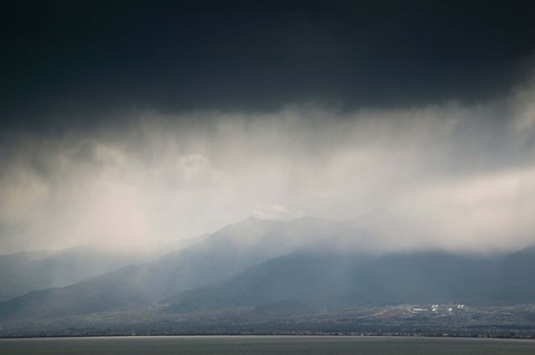 Framed Cangshan mountains and western shore of Erhai Hu Lake during spring storm, Wase, Erhai Hu Lake Area, Yunnan Province, China Print