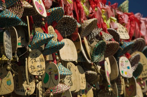 Framed Buddhist prayer wishes (Ema) hanging at a shrine on a tree, Old Town, Lijiang, Yunnan Province, China Print
