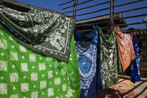 Framed Batik fabric souvenirs at a market stall, Baisha, Lijiang, Yunnan Province, China Print