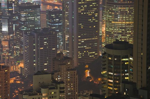 Framed High angle view of buildings lit up at dusk, Central District, Hong Kong Print