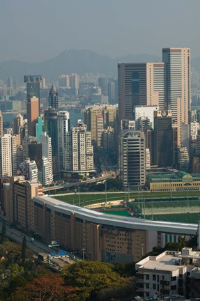 Framed High angle view of a horseracing track, Happy Valley Racecourse, Happy Valley, Wan Chai District, Hong Kong Print