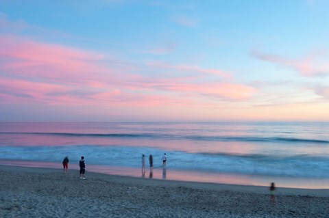 Framed Tourists on the beach at sunset, Santa Monica, California, USA Print