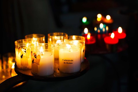 Framed Votive candles in a cathedral, Reims Cathedral, Reims, Marne, Champagne-Ardenne, France Print
