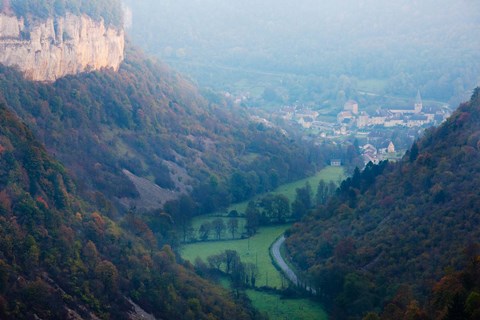 Framed Elevated view of a village at morning, Baume-les-Messieurs, Les Reculees, Jura, Franche-Comte, France Print
