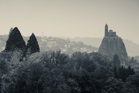 Framed Saint Michel d&#39;Aiguilhe Chapel at Dawn, Aiguilhe, Le Puy-en-Velay, Haute-Loire, Auvergne, France (black and white) Print
