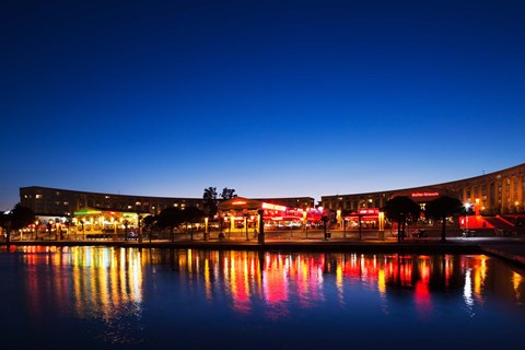 Framed Restaurants by the Esplanade de l&#39;Europe at dusk, Montpellier, Herault, Languedoc-Roussillon, France Print