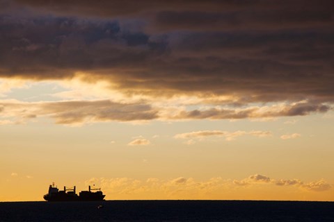 Framed Silhouette of a ship in the sea at dawn, Sete, Herault, Languedoc-Roussillon, France Print