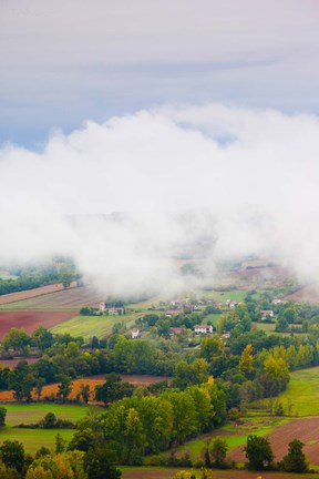 Framed Elevated view of the Cerou Valley from Place de la Bride in fog, Cordes-sur-Ciel, Tarn, Midi-Pyrenees, France Print