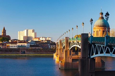Framed Pont Saint-Pierre bridge and the dome of the Hopital de la Grave at sunrise, Toulouse, Haute-Garonne, Midi-Pyrenees, France Print