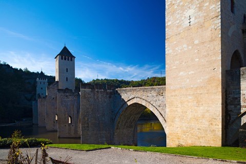 Framed Medieval bridge across a river, Pont Valentre, Lot River, Cahors, Lot, Midi-Pyrenees, France Print