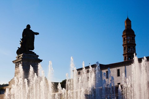 Framed Fountain with a statue at Place Francois Mitterrand, Cahors, Lot, Midi-Pyrenees, France Print