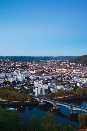Framed Elevated view of a Town at Dusk, Cahors, Lot, Midi-Pyrenees, France Print