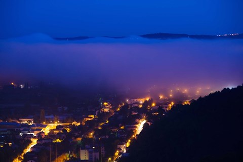 Framed Elevated view of a Town viewed from Mont St-Cyr at dawn, Cahors, Lot, Midi-Pyrenees, France Print
