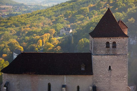 Framed 15th century church at St-Cirq-Lapopie, Lot, Midi-Pyrenees, France Print