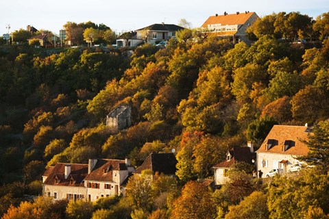Framed Buildings in L&#39;Hospitalet village at sunset, Rocamadour, Lot, Midi-Pyrenees, France Print