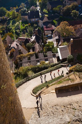 Framed Elevated view of a village with Chateau de Castelnaud, Castelnaud-la-Chapelle, Dordogne, Aquitaine, France Print