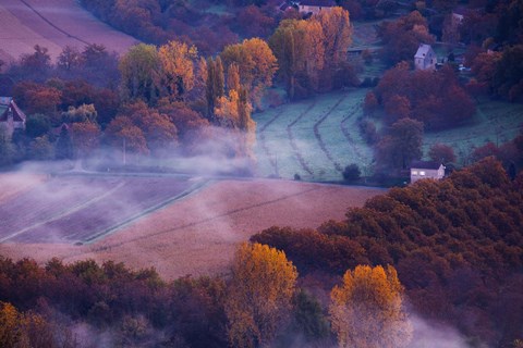 Framed Aerial View of Dordogne River Valley in fog, Domme, Dordogne, Aquitaine, France Print