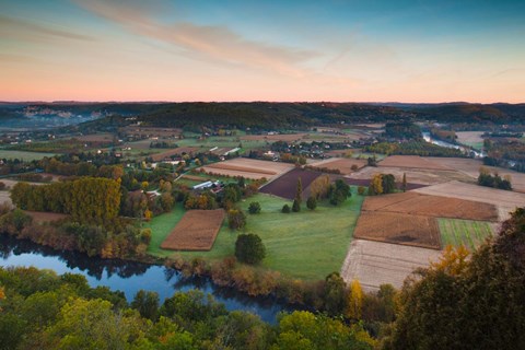 Framed Elevated view of the Dordogne River Valley in fog from the Belvedere de la Barre at dawn, Domme, Dordogne, Aquitaine, France Print