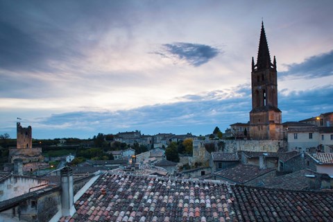 Framed Elevated view of a town with Eglise Monolithe church at dusk, Saint-Emilion, Gironde, Aquitaine, France Print