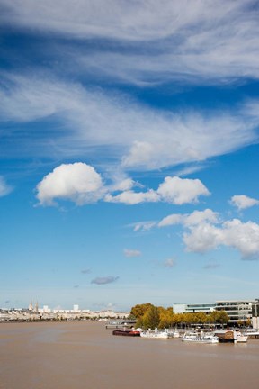 Framed Boats with a city at the waterfront, Garonne River, Bordeaux, Gironde, Aquitaine, France Print