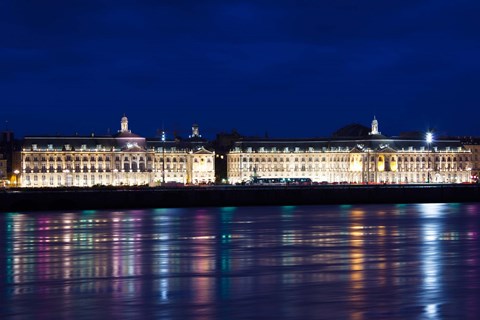 Framed Place de la Bourse buildings from the Garonne River at dusk, Bordeaux, Gironde, Aquitaine, France Print