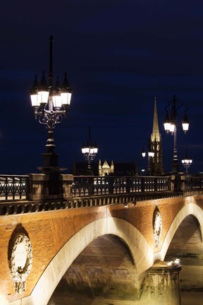 Framed Pont de Pierre bridge across Garonne River with Eglise St-Michel at dusk, Bordeaux, Gironde, Aquitaine, France Print