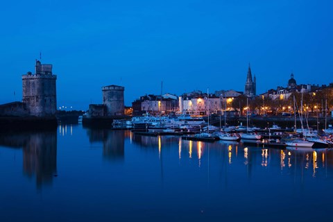 Framed Tour St-Nicholas and Tour de la Chaine towers at dawn, Old Port, La Rochelle, Charente-Maritime, Poitou-Charentes, France Print