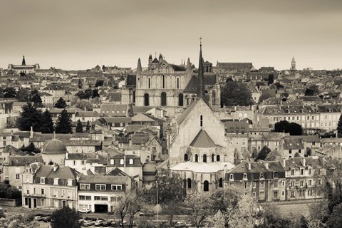 Framed Townscape and Cathedrale St-Pierre, Poitiers, Vienne, Poitou-Charentes, France Print