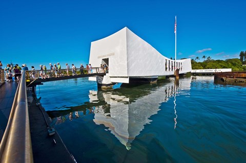 Framed Reflection of a memorial in water, USS Arizona Memorial, Pearl Harbor, Honolulu, Hawaii, USA Print