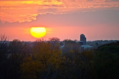 Framed Trees and farm sunset, Wisconsin, USA Print