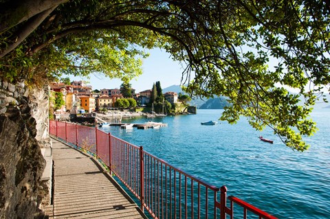 Framed Walkway along the shore of a lake, Varenna, Lake Como, Lombardy, Italy Print