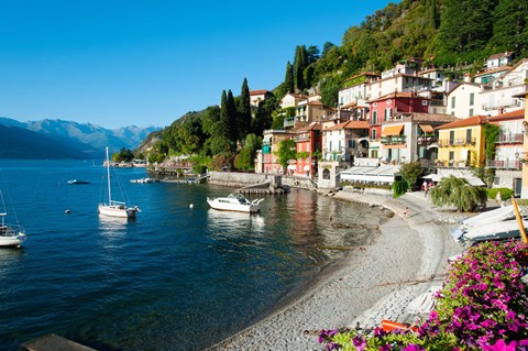 Framed Houses at waterfront with boats on Lake Como, Varenna, Lombardy, Italy Print