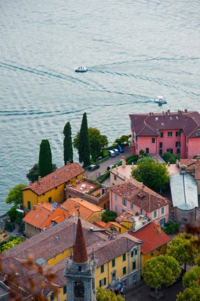 Framed High angle view of buildings in a town at the lakeside, Varenna, Lake Como, Lombardy, Italy Print
