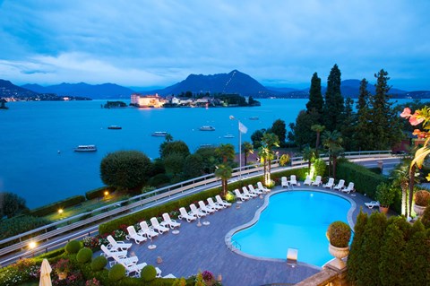 Framed Aerial view of a swimming pool at hotel, Villa e Palazzo Aminta, Isola Bella, Stresa, Lake Maggiore, Italy Print
